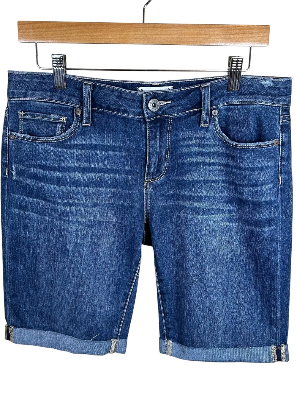 PAIGE Jax Knee Shorts Womens Denim Bermuda Jean Cuffed Medium Wash Jorts Size 28